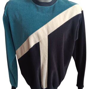 Men's XL Vintage Sweater Campus Velour Teal Striped Retro Crewneck Pullover USA